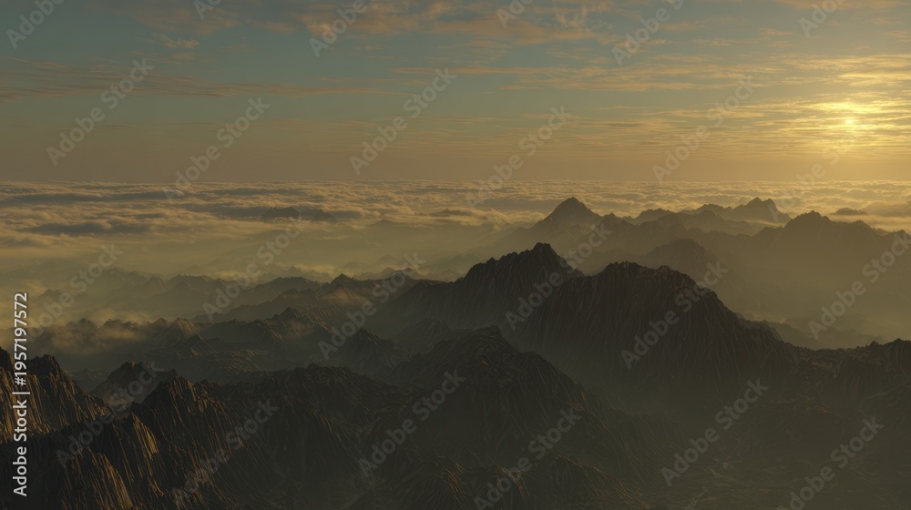 Obraz premium Mountain range silhouette against sunrise sky with atmospheric perspective