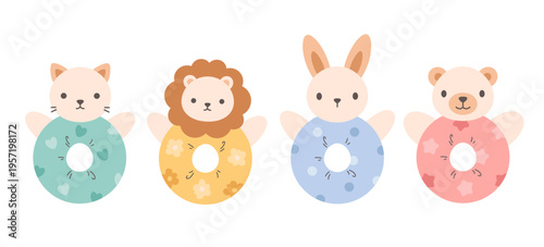 Cute plush baby rattle toys for newborns and infants. Soft and safe baby toys. Flat vector illustration