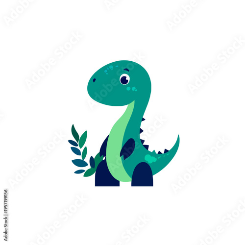 Cute cartoon dinosaur with leaves, friendly baby TRex character, playful and adorable, perfect for childrens themes, educational content, and whimsical designs