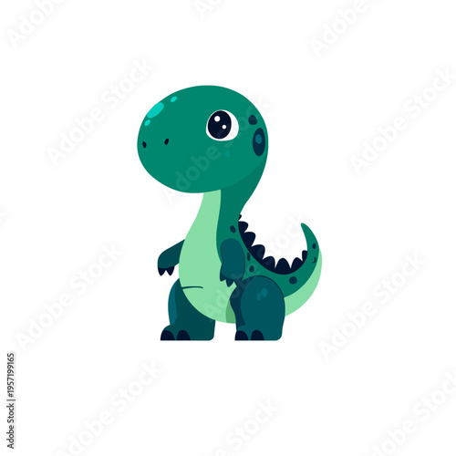 Cute baby dinosaur, green TRex character, standing and looking curious, isolated on white background, cartoon style, for childrens themes, educational content, and playful designs