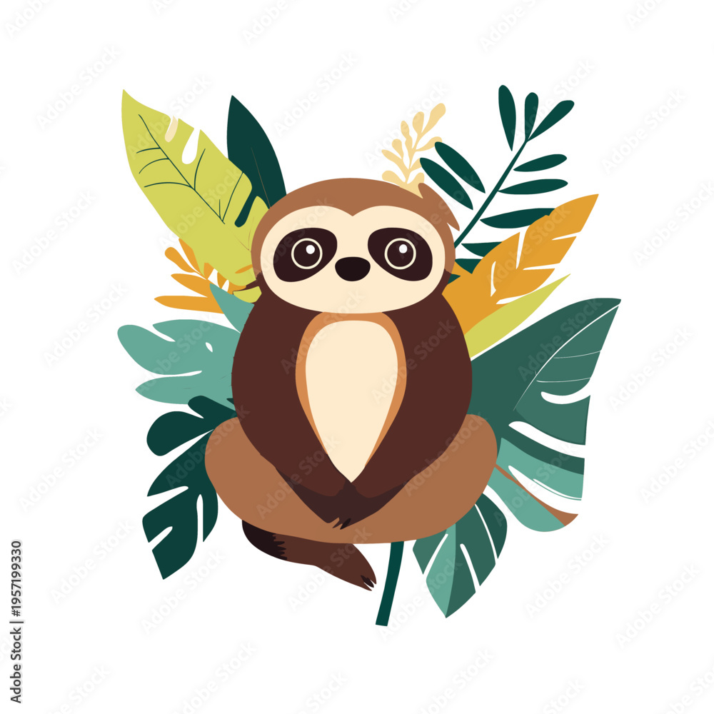 Fototapeta premium Cute cartoon sloth sitting among tropical leaves, jungle animal illustration, peaceful and relaxed mood, concept of nature and wildlife