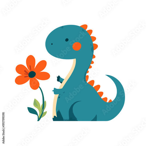 Cute blue dinosaur with orange flower, cartoon character, playful and friendly, illustration for childrens books, posters, and educational materials, concept of nature and innocence