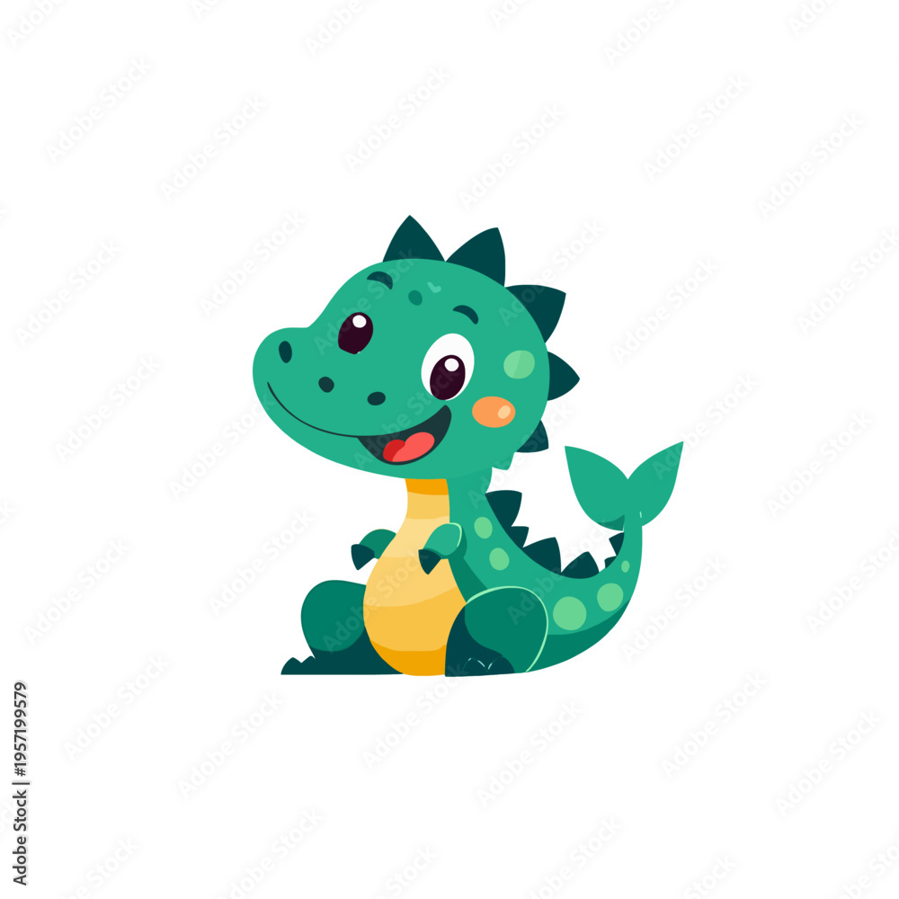 Fototapeta premium Cute green baby dinosaur sitting, smiling happily, with playful expression and big eyes Concept of childhood, fantasy, and friendly monster