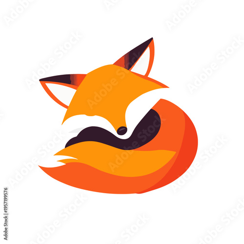 Stylized fox illustration, abstract geometric design, playful and cunning animal icon, modern logo concept, vibrant orange and purple colors, isolated on white background