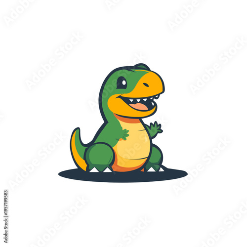 Cute cartoon baby TRex dinosaur waving hello, sitting happily with open mouth, green and yellow, playful and friendly character for kids, isolated on white background