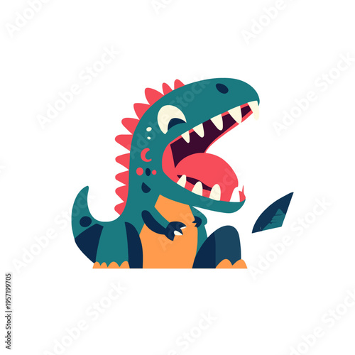 Cute cartoon dinosaur roaring with open mouth, playful TRex character with sharp teeth and red spikes, isolated on white background, concept of prehistoric fun and childhood imagination