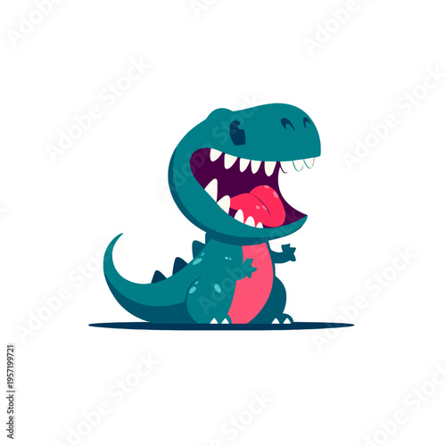 Cute cartoon dinosaur roaring with wide open mouth and pink belly, happy and playful TRex character, concept of prehistoric, fantasy, and childhood fun