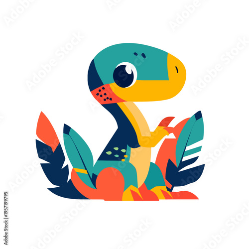 Cute baby dinosaur illustration, colorful abstract art, playful raptor character in jungle foliage, concept of prehistoric childhood and fantasy