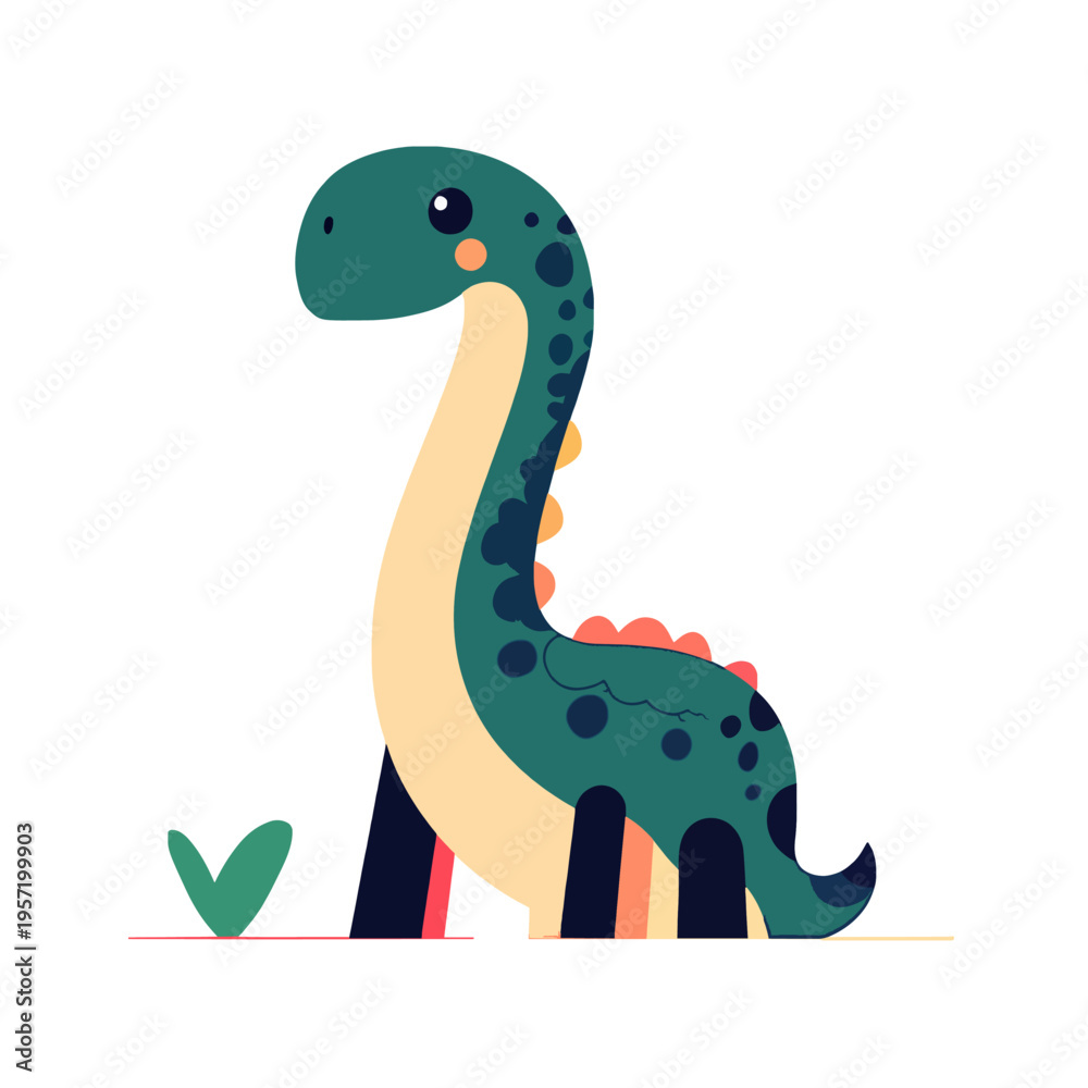 Naklejka premium Cute cartoon dinosaur illustration, friendly brontosaurus with long neck and spots, playful and happy, isolated on white background, perfect for childrens books and educational materials