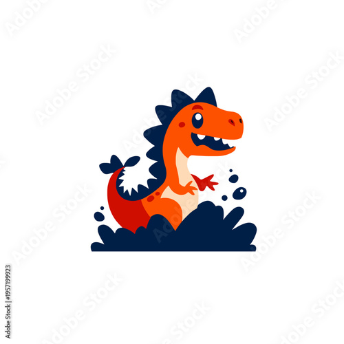 Cute orange dinosaur splashing in water, happy cartoon TRex character with spikes, playful prehistoric creature illustration for kids, concept of fun and adventure