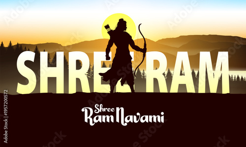 Lord Rama with bow arrow with Hindi text meaning Shree Ram Navami celebration background for religious holiday of India