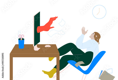 Monster hand emerging from a laptop threatening a scared young girl, symbolizing online predators, cybercrime, and child internet safety risks.