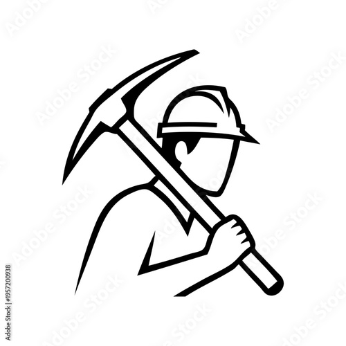 Logotipo con dibujo sencillo con líneas de un obrero de la construcción con casco y un pico apoyado en el hombro 