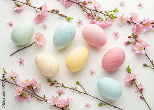 “Colorful Easter eggs in pastel tones on soft background, minimal composition, natural light, 4K, high resolution, copy space”
