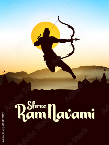 Lord Rama with bow arrow with Hindi text meaning Shree Ram Navami celebration background for religious holiday of India