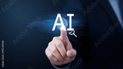 Artificial Intelligence Activation: Close-up of Hand Touching AI Interface with Brain Visualization on Futuristic Blue Background