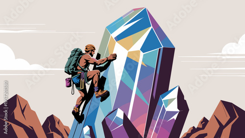 Vector athlete climbing a prismatic crystal formation - Great for tech startup visuals, achievement metaphors, or sci-fi illustrations.