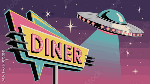 Retro neon diner sign with hovering UFO - Perfect for 1950s nostalgia, sci-fi cafe branding, or retro-futurism content.