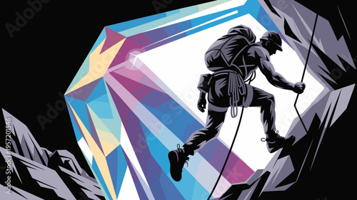 Geometric climber ascending a glowing jewel mountain - Suitable for strength and perseverance themes, luxury branding, or digital art.