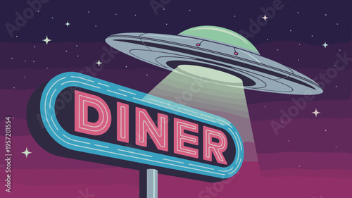 Mid-century diner sign with alien saucer at night - Ideal for roadside Americana themes, quirky restaurant ads, or space age art.