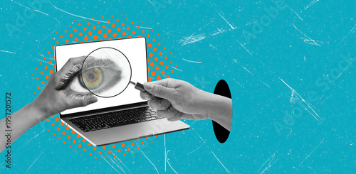An artistic collage depicting a hand looking at an eye on a laptop screen against a blue background.