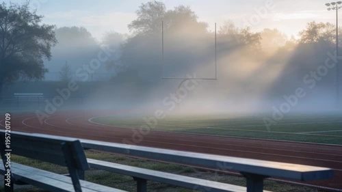 Catching sun, metal bleacher bench reflecting sunbeams while fog lifting over track and goalpost