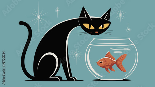 Sleek black cat watching orange goldfish - Perfect for minimalist interior design, vintage-inspired prints, or feline blogs.