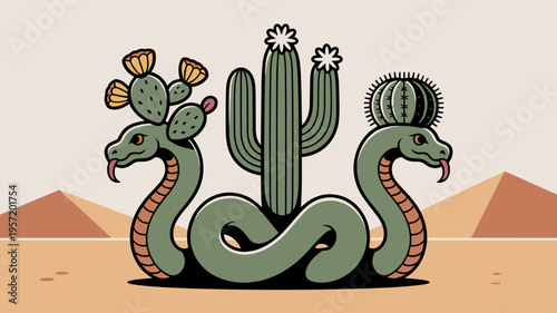 Stylized cactus hydra in desert landscape - Great for nursery prints, creative gardening blogs, or mythical creature collections.