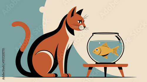 Mid-century modern cat and goldfish bowl - Ideal for retro home decor, 1950s style advertising, or pet shop branding.