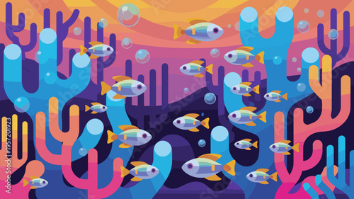 Stylized underwater paradise with robotic sealife - Suitable for children's science books, eco-tech visuals, or bright decor.