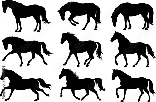 Silhouette of galloping horses in motion sequence on white background minimalist art design