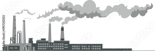 Industrial factory skyline with smoke pollution, manufacturing plant buildings emitting smog, environmental air pollution concept isolated on white background illustration