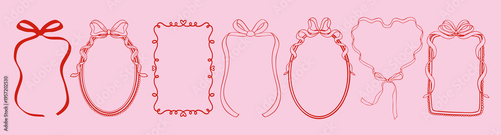 Obraz premium Trendy vintage ribbon frames with heart, wavy lines, and bows. Doodle hand drawn coquette borders for Valentine's day, wedding invitations, birthday card, prints, menu