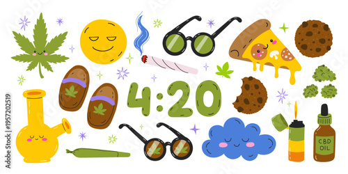 Happy 420 Cannabis Clipart Set with Marijuana Leaves, Joints, Buds, Pizza, Cookies and Bong. Hand Drawn Vector Elements for Four Twenty Stickers and Weed Culture
