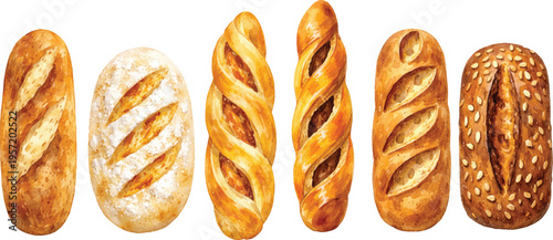 A beautiful collection of watercolor bread clip art featuring assorted artisan loaves and twisted pastries in warm golden bakery style.