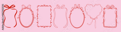 Trendy vintage ribbon frames with heart, wavy lines, and bows.  Doodle hand drawn coquette borders for Valentine's day, wedding invitations, birthday card, prints, menu