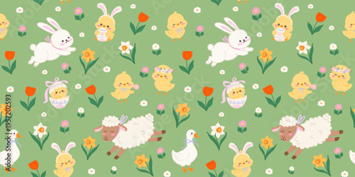 Seamless Easter pattern with cute bunnies lambs chicks and geese among spring flowers on green background in hand drawn doodle style. Vector nursery textile and festive wrapping paper design
