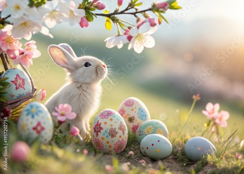 “Cute bunny with decorated Easter eggs in blooming spring flowers, bright daylight, shallow depth of field, 4K, ultra detailed”