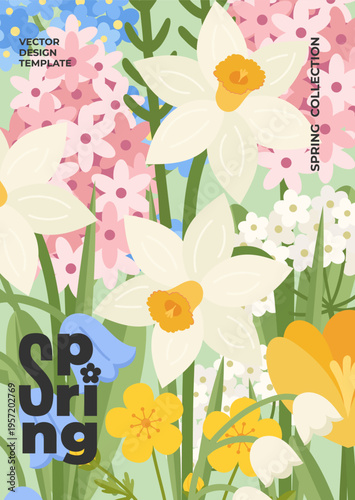 Spring card, poster with daffodil, crocus, hyacinth, bluebell, lily of the valley, forget me not flowers. Floral art template for banner, cover, advertising, social media, web