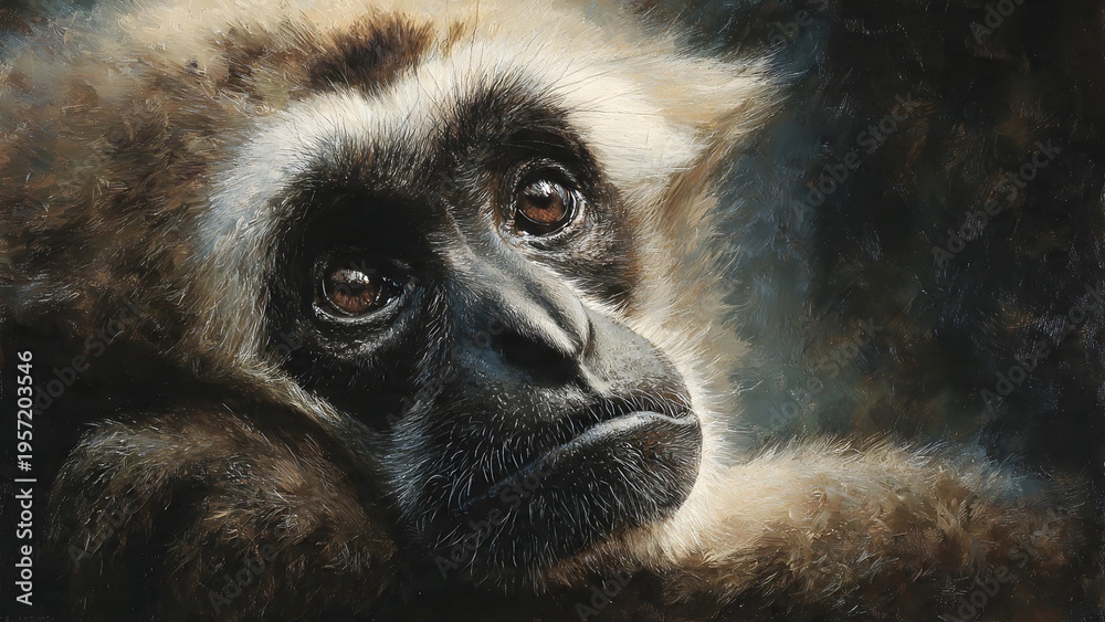 Fototapeta premium Close-up Portrait of a Thoughtful Gibbon Monkey