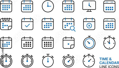 Flat design time and calendar line icons set with clocks, dates, and schedules for business and productivity