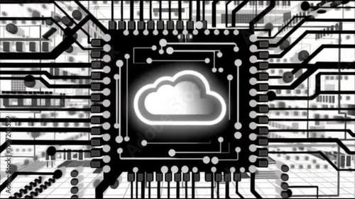 Digital circuit board with central cloud computing symbol and interconnected pathways