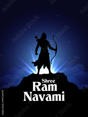 Lord Rama with bow arrow with Hindi text meaning Shree Ram Navami celebration background for religious holiday of India