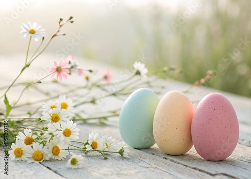 “Colorful Easter eggs in pastel tones on soft background, minimal composition, natural light, 4K, high resolution, copy space”