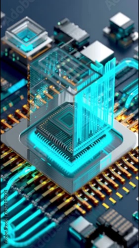 Futuristic computer chip with glowing blue circuitry and holographic elements