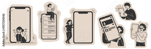 Cartoon people interacting with oversized smartphones showing mobile communication social media messaging browsing and digital lifestyle concepts