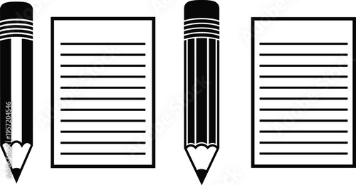 Pencil and Lined Paper Vector Illustration, Notebook Page and Writing Tool Icon Set, Black School Supplies Silhouette, Educational Office Stationery