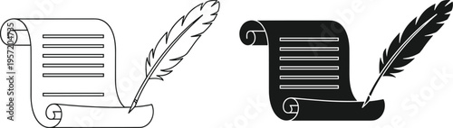 Ancient scroll and feather quill pen writing vector illustration set, black outline and silhouette icon, historical document or poetry agreement.