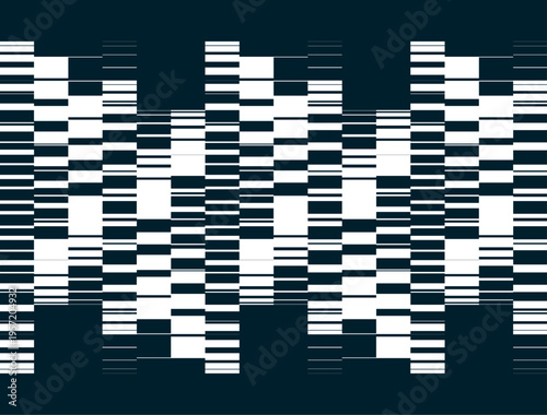 Black and white image of many rectangular flat shapes and lines of different thicknesses with transition and displacement effect. Equalizer audio signal frequencies. Visual texture of music. Vector.