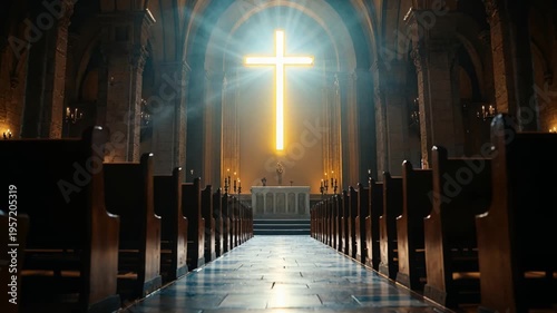 Holy church setting featuring illuminated cross and radiant lighting effects